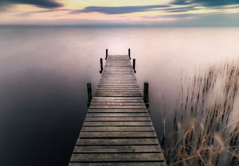 brown wooden dock on calm water during sunset