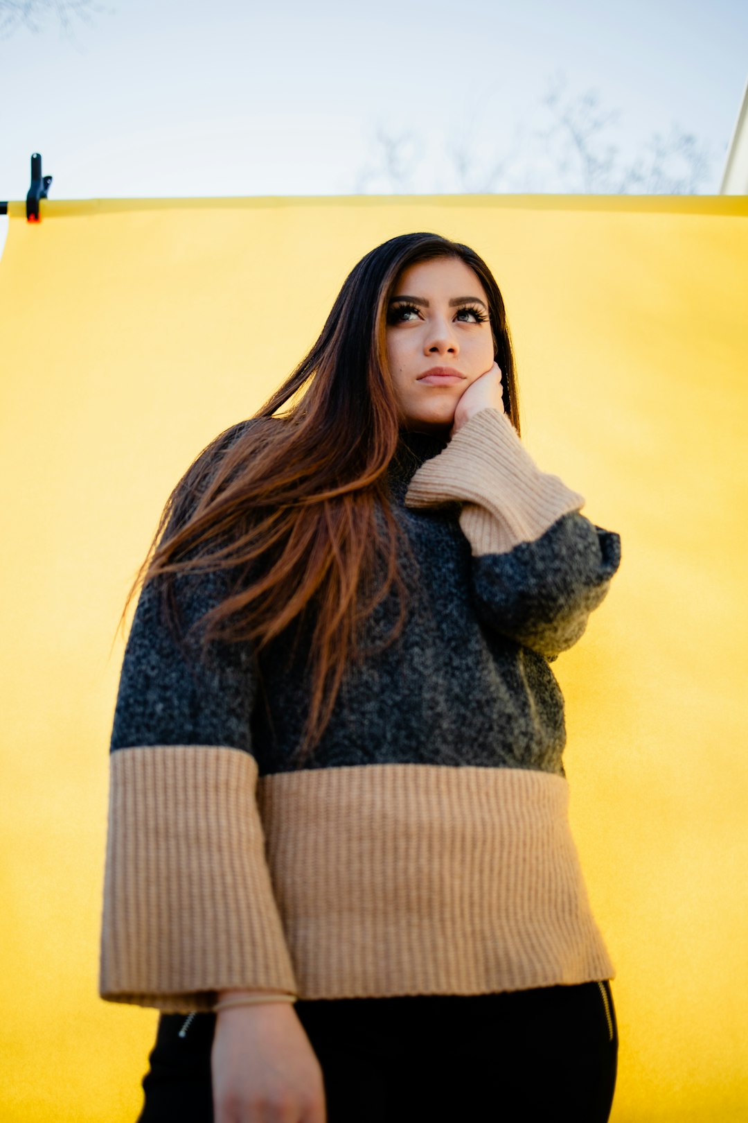 woman in brown and black sweater
