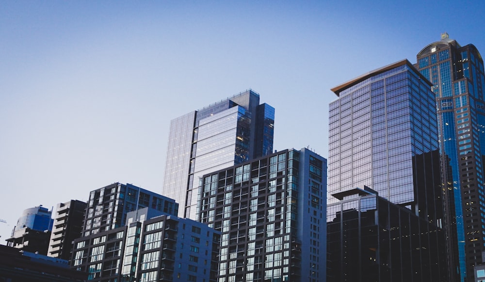 white and blue glass walled high rise building