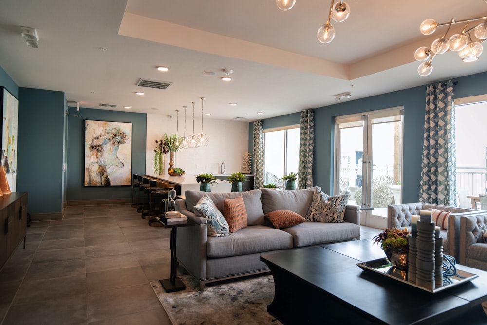 black wooden coffee table near white couch