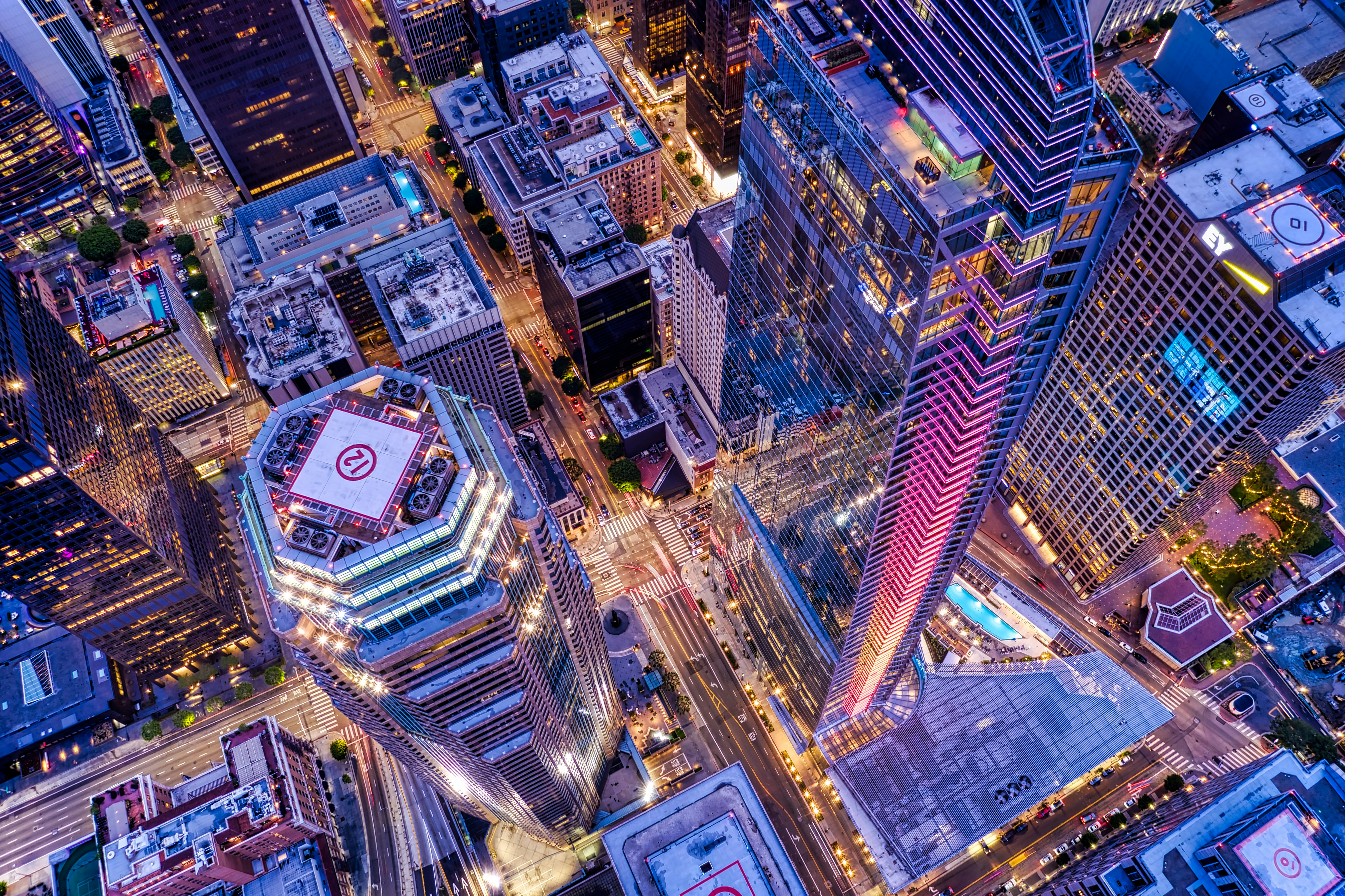aerial view of city buildings during night time