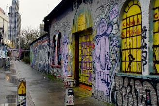 A narrow street lined with buildings covered in colorful graffiti art. The walls feature various abstract designs and cartoonish faces in vibrant hues. Tall modern buildings are visible in the background, contrasting with the artistic urban setting. The ground appears wet, reflecting the overcast sky. Bollards at the edge of the walkway are also adorned with graffiti.