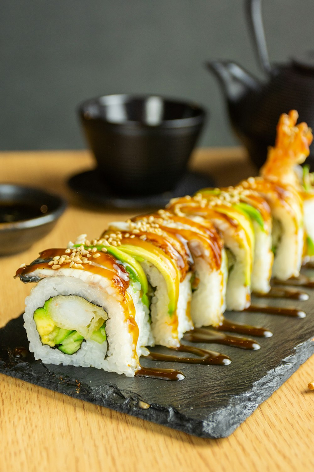 sushi on brown wooden tray