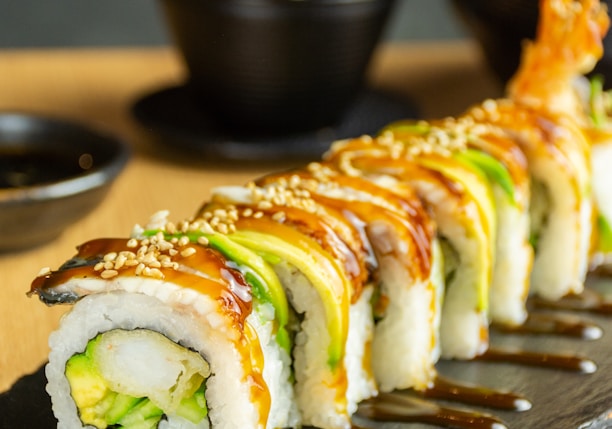 sushi on brown wooden tray