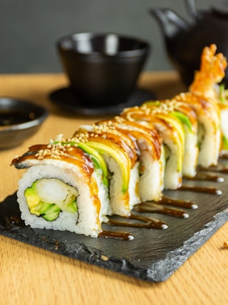 sushi on brown wooden tray