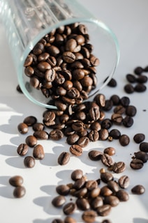 Sunlight streaming over a coffee setup with a box, cup, and scattered beans.