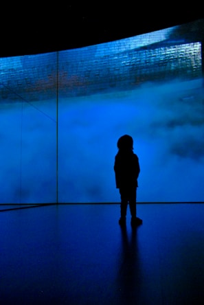 A silhouette of a person stands in front of a large screen displaying shades of blue and textured patterns, creating a mysterious and immersive atmosphere.