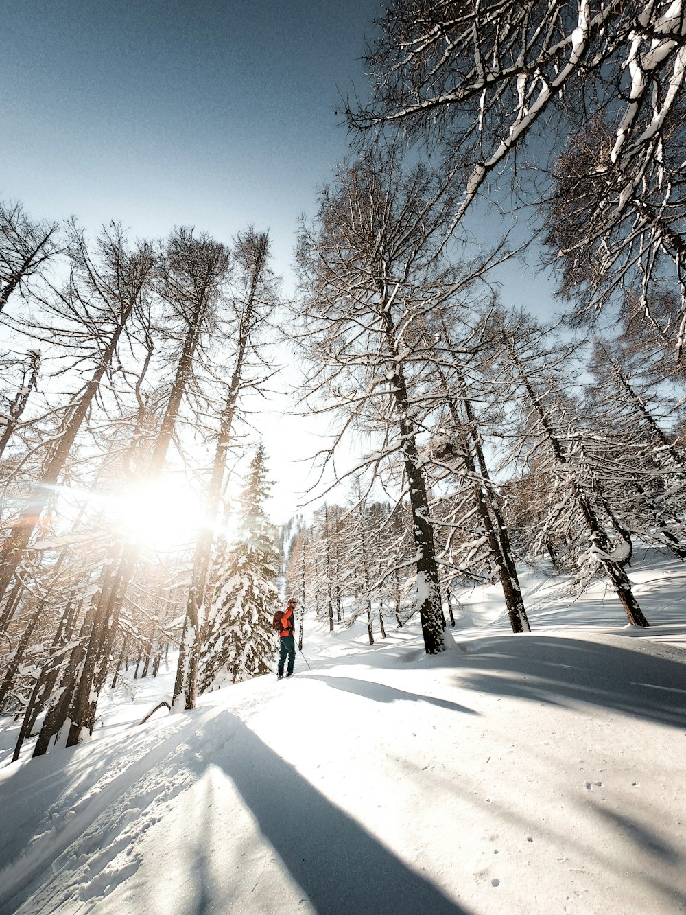 person in red jacket walking on snow covered road during daytime