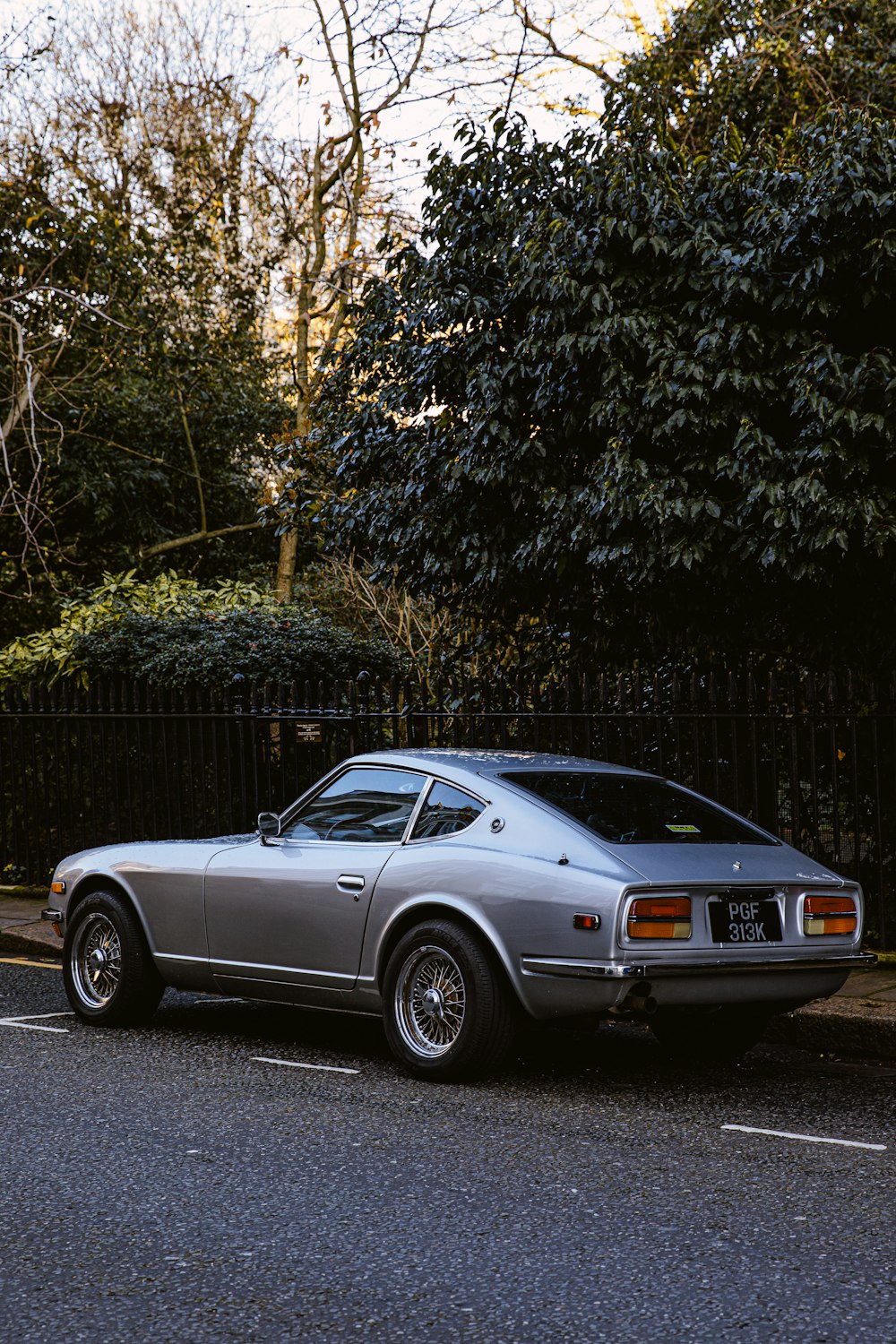 silver coupe parked near green trees during daytime