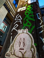 A close-up of a graffiti sticker featuring playful characters.