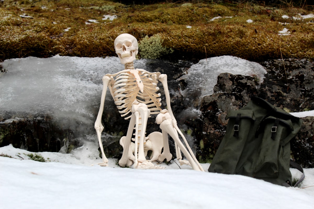 A skeleton resting in the melting frost with a backpack next to it