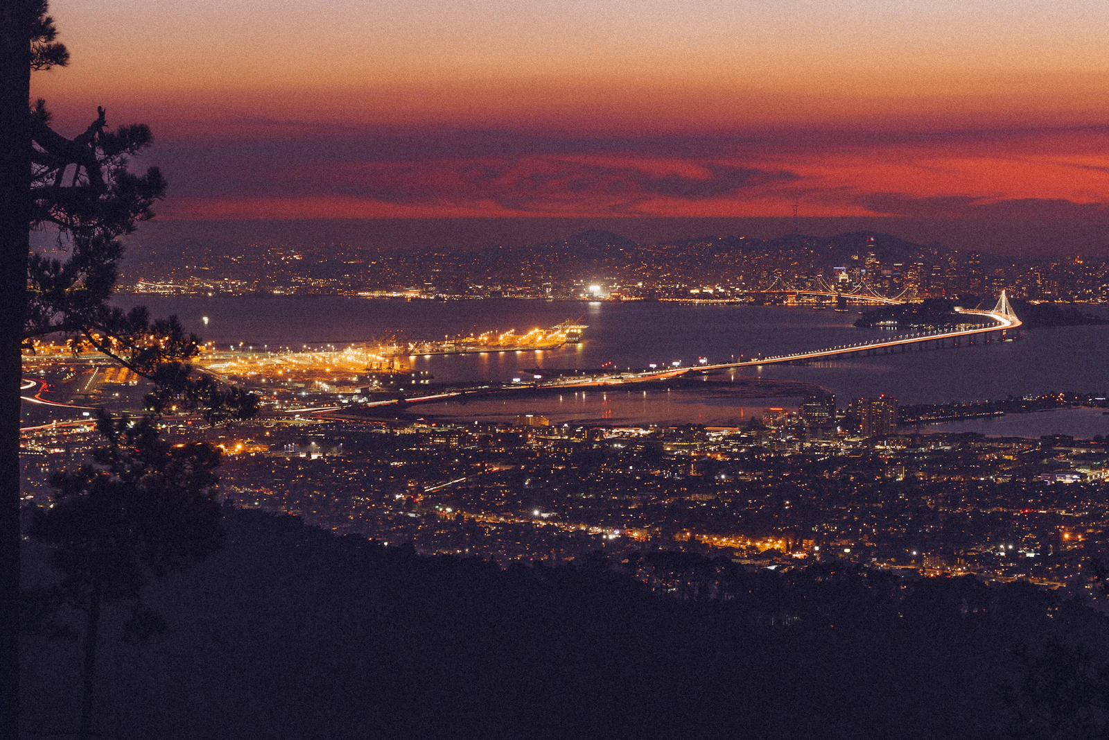 Oakland California downtown skyline and bay bridge view