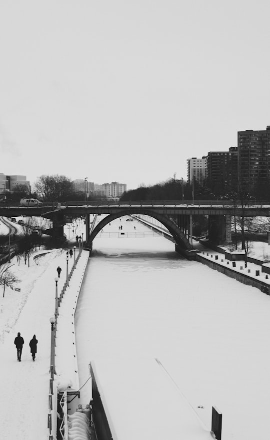 grayscale photo of bridge over river in Rideau Canal Canada