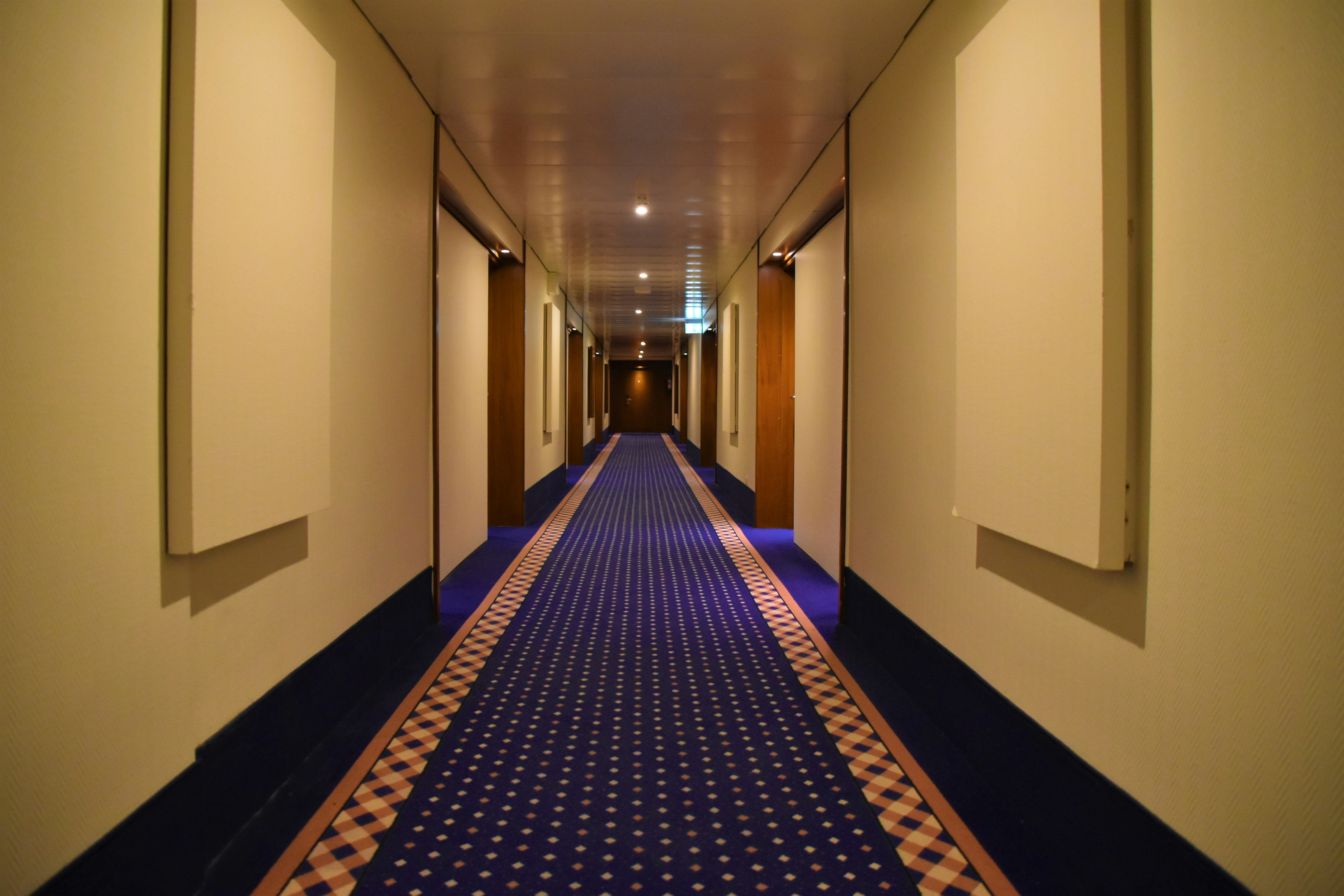 blue and red carpet on hallway, A floor like in the movie Shining 