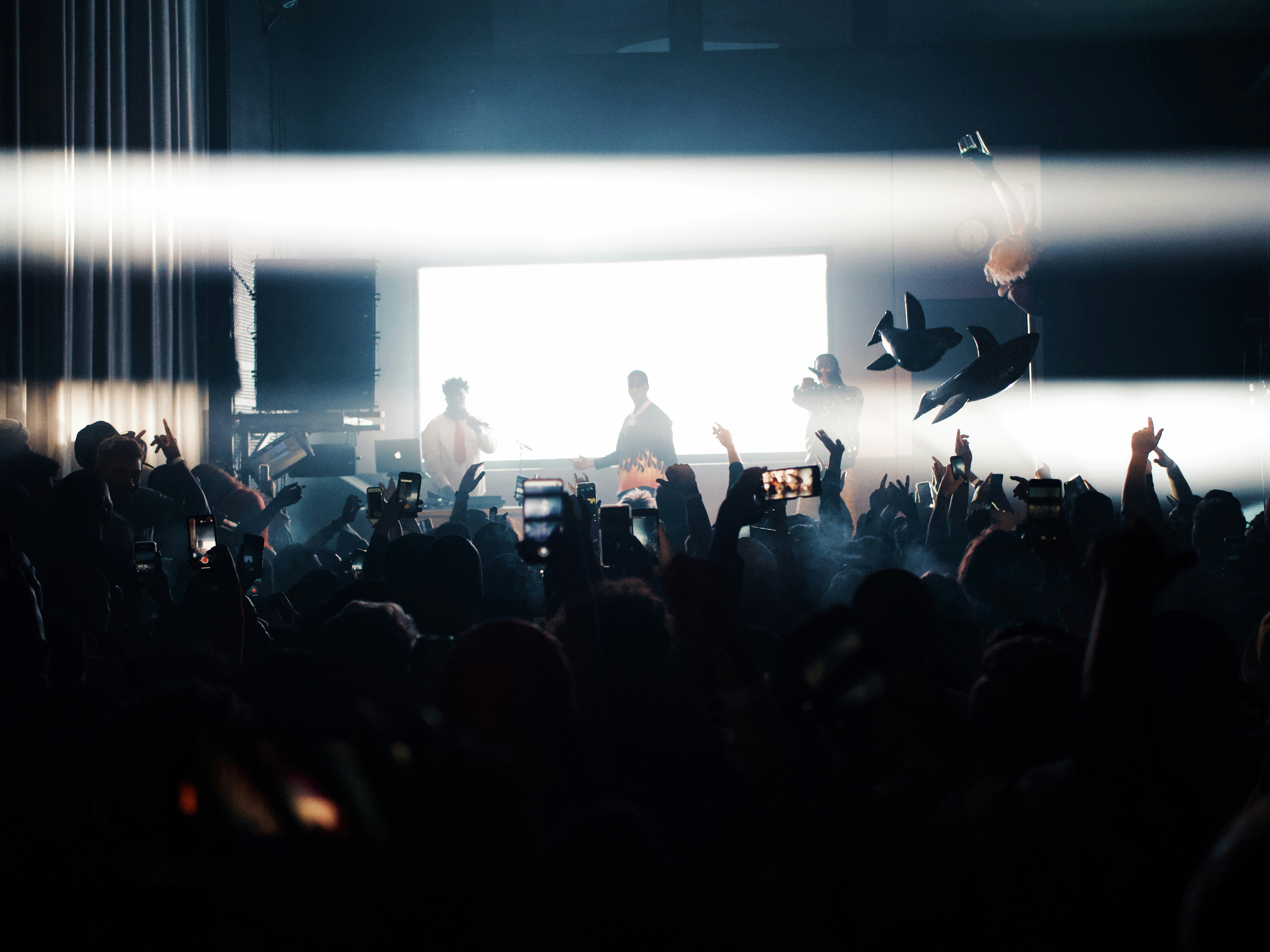 people watching a band performing on stage