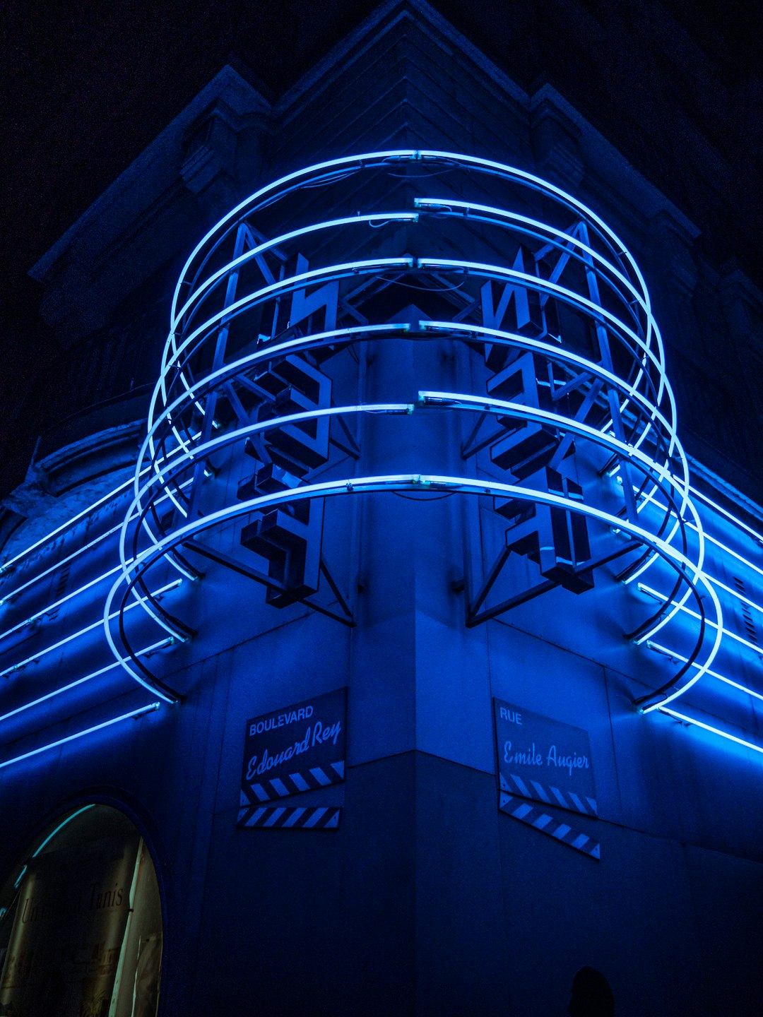 blue and white spiral stairs