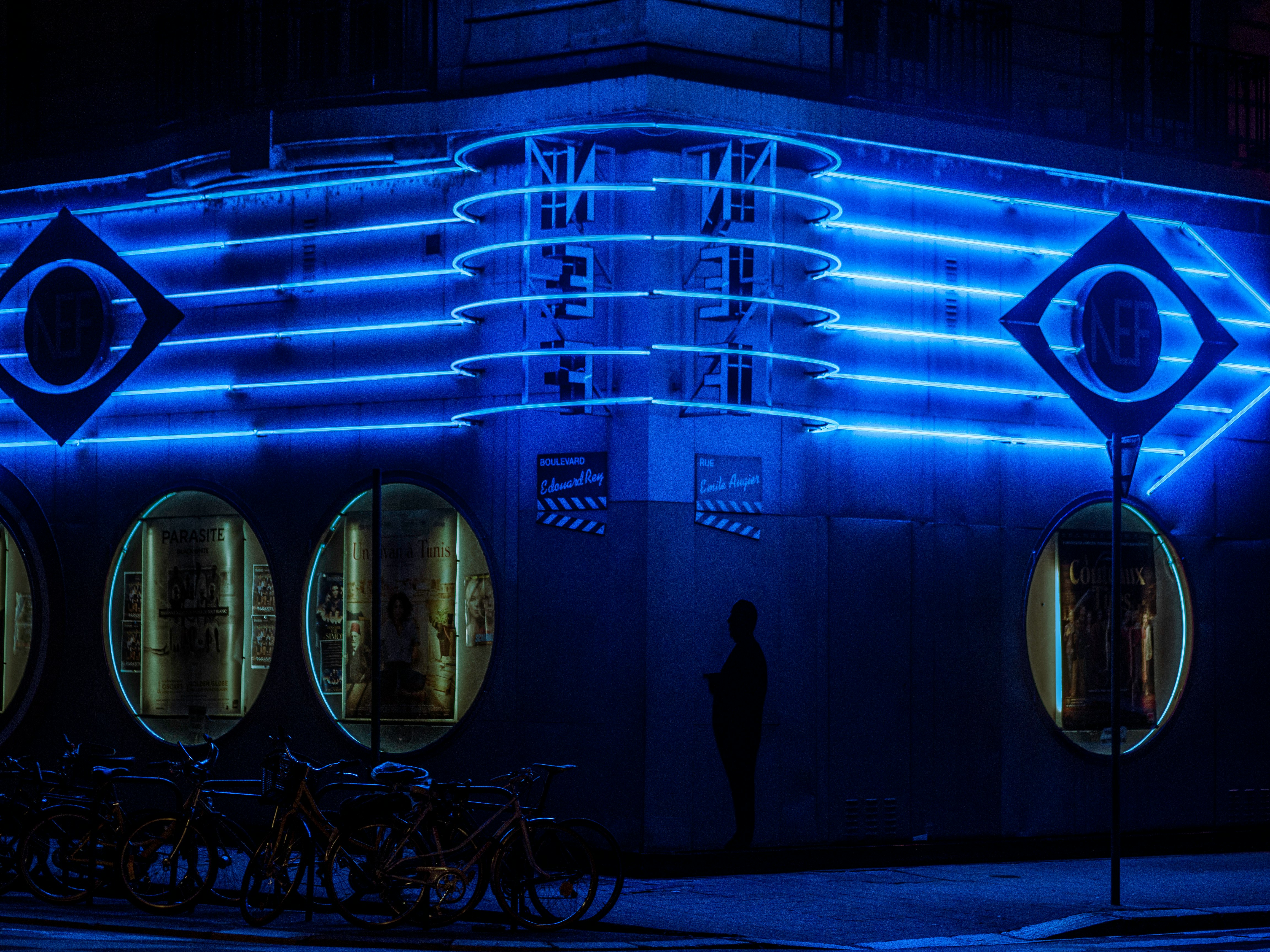 silhouette of person standing near blue and white wall