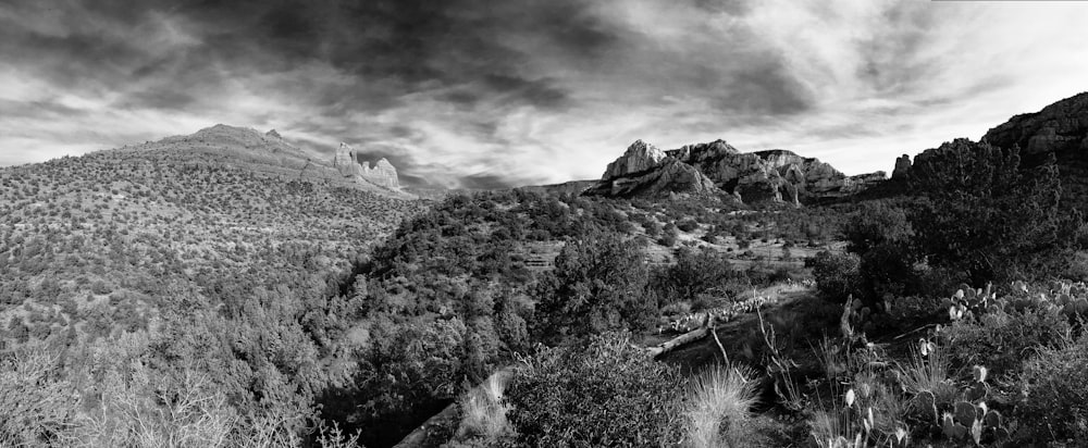 grayscale photo of rocky mountain