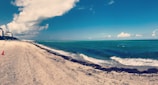 A sandy beach stretches alongside the blue ocean under a bright sky with fluffy white clouds, with a few orange cones placed along the sand near a distant line of buildings.