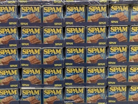 blue and brown cardboard boxes