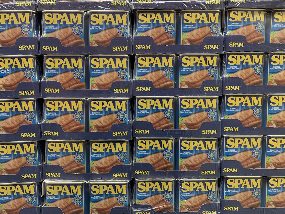 blue and brown cardboard boxes spam vintage