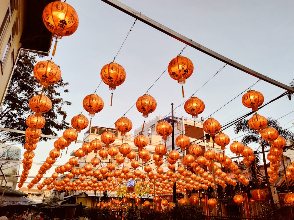 Linternas chinas naranjas y blancas