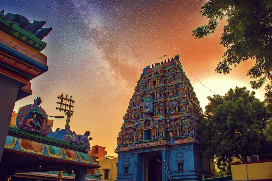 Ornate Hindu temple gopuram with colorful sculptures in Little India Singapore