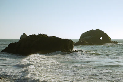 Rock formations along the Atlantic coast with seagulls flying overhead on a clear day.