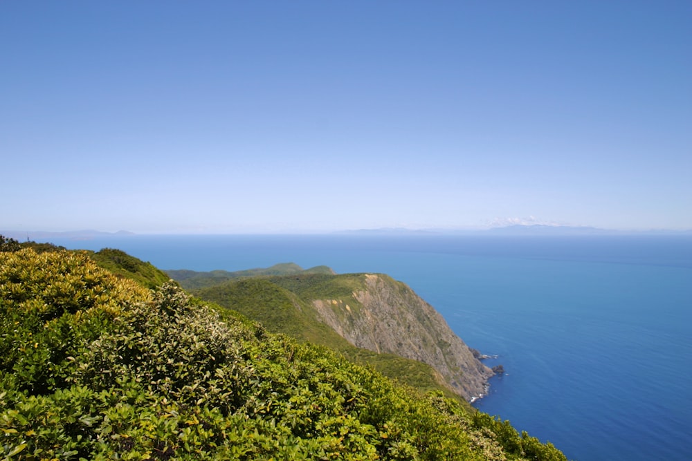 green grass covered mountain beside blue sea under blue sky during daytime