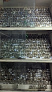 A large collection of small glass bottles with cork stoppers arranged on wooden shelves. The shelves are enclosed with glass panels. Each bottle appears to contain a substance, possibly chemicals or samples, with labels on them.