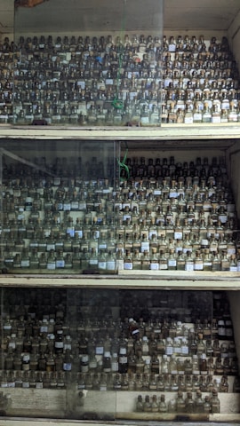 An assortment of chemical bottles on a shelf.