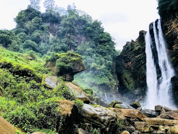 A majestic waterfall cascades down rocky cliffs surrounded by lush, dense forest. Mist rises from where the water hits the rock surface, creating a serene and somewhat mystical atmosphere. The vibrant green foliage contrasts with the rugged brown and grey stones, highlighting nature's raw beauty.