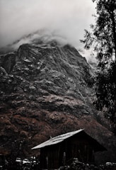 A rustic wooden cabin sits at the base of a towering, rugged mountain. The peak is shrouded in dense mist, adding a sense of mystery. Pine trees frame the scene, lending a natural touch to the rugged terrain.