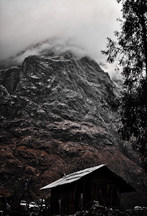 A rustic wooden cabin sits at the base of a towering, rugged mountain. The peak is shrouded in dense mist, adding a sense of mystery. Pine trees frame the scene, lending a natural touch to the rugged terrain.