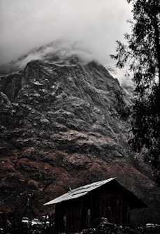 A rustic wooden cabin sits at the base of a towering, rugged mountain. The peak is shrouded in dense mist, adding a sense of mystery. Pine trees frame the scene, lending a natural touch to the rugged terrain.