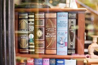 A bookshelf showcasing a collection of classic literature with ornate book covers. Featured titles include works by Fitzgerald, Lovecraft, Doyle, Shakespeare, Carroll, and Stoker. The covers are elaborately designed, with some featuring illustrations like a keyhole and an image of Alice from Alice's Adventures in Wonderland.
