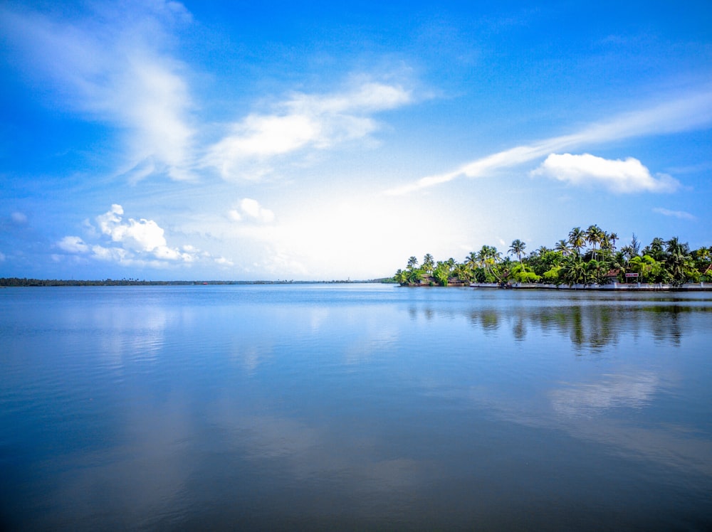 green trees on island surrounded by water under blue sky and white clouds during daytime