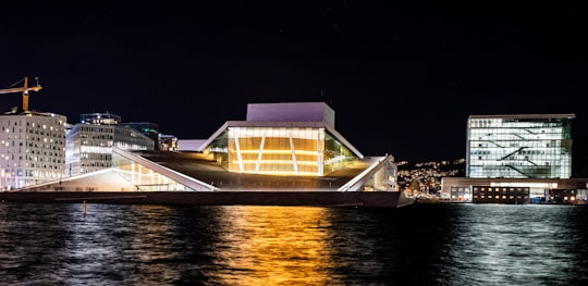 white and brown building near body of water during night time in Oslo Norway