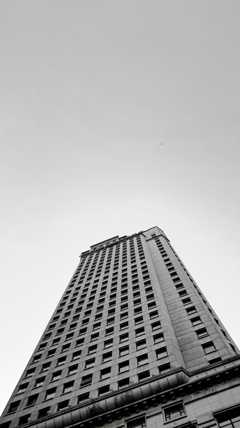 Foto en escala de grises de un edificio de gran altura