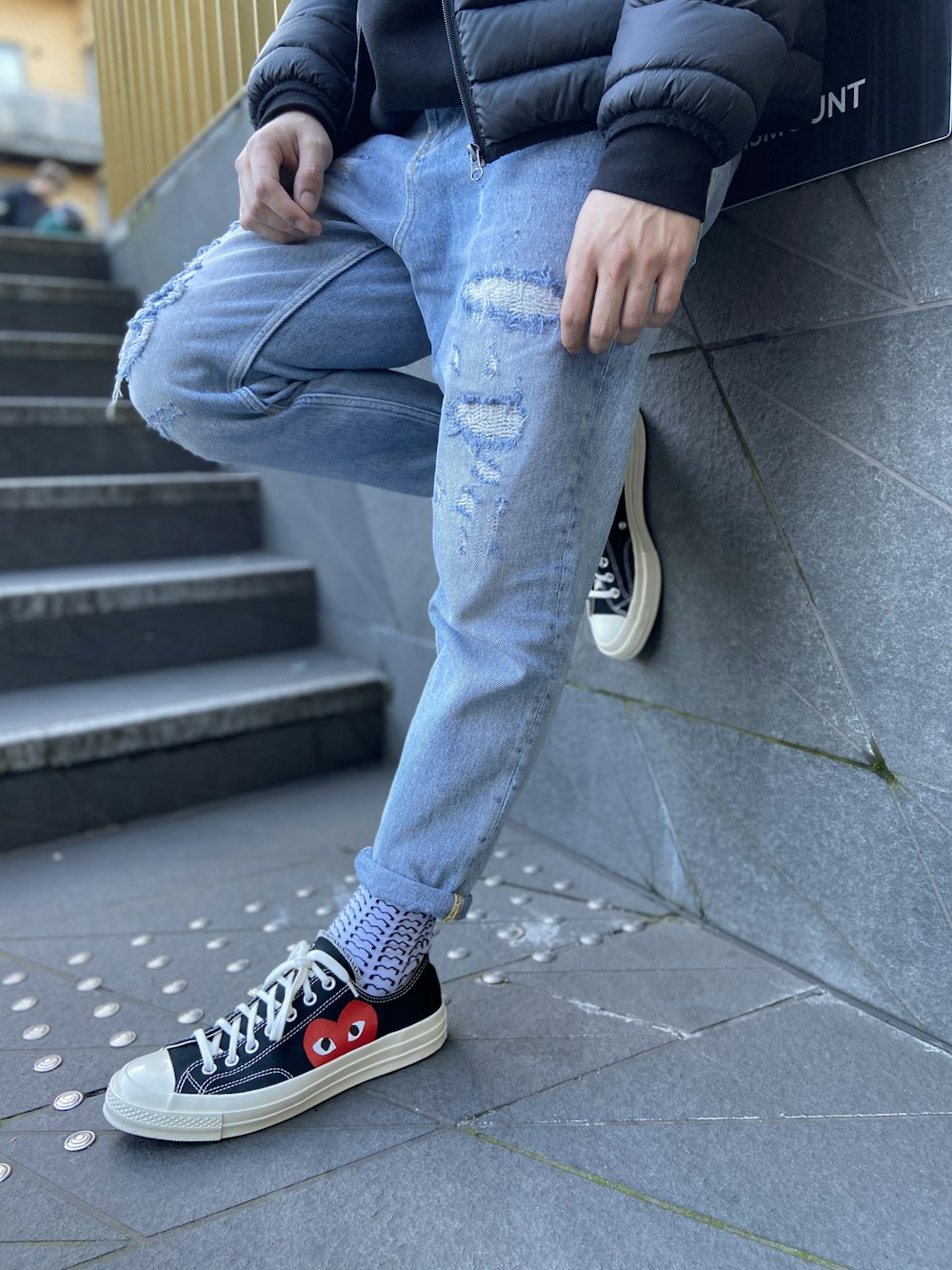 Person in blue denim jeans and black and white converse all star high top  sneakers photo – Free London Image on Unsplash