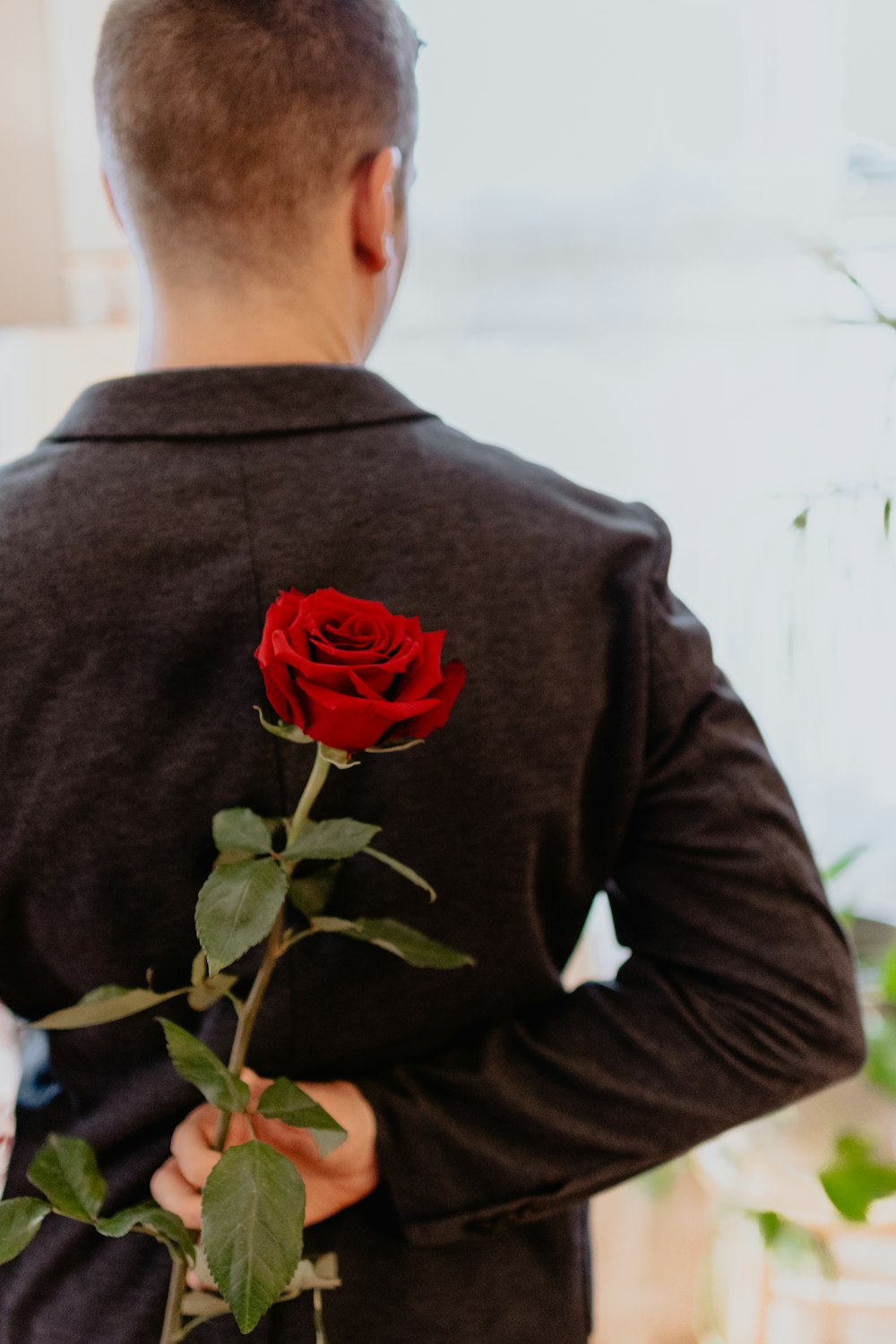 man in black crew neck long sleeve shirt standing beside green plant