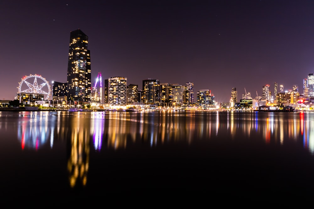 city skyline during night time