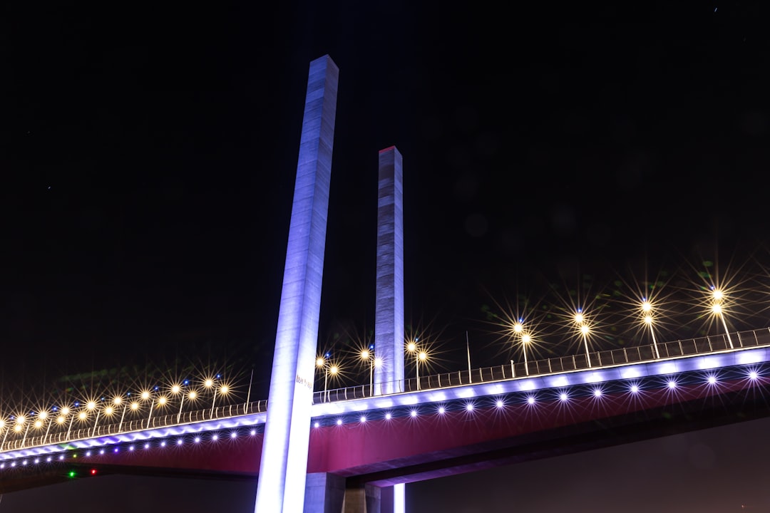 white and blue bridge during night time