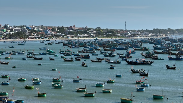 A coastal landscape with numerous fishing boats floating on the calm sea. In the background, a small town with colorful buildings lines the shore under a clear sky. The boats vary in size and are scattered across the water, some with visible red flags.