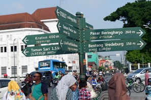 A busy city street scene with a directional signpost indicating various local attractions and facilities. The signpost lists locations and distances in both Latin and Javanese script. In the background, multiple vehicles, including cars and motorcycles, are on the road, and several pedestrians are walking. The architecture includes a mixture of colonial-style and modern buildings. There are trees lining the street, adding greenery to the urban environment.