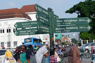 A busy city street scene with a directional signpost indicating various local attractions and facilities. The signpost lists locations and distances in both Latin and Javanese script. In the background, multiple vehicles, including cars and motorcycles, are on the road, and several pedestrians are walking. The architecture includes a mixture of colonial-style and modern buildings. There are trees lining the street, adding greenery to the urban environment.