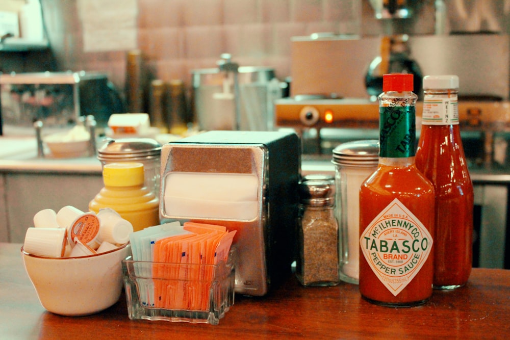 heinz tomato ketchup bottle on brown wooden table