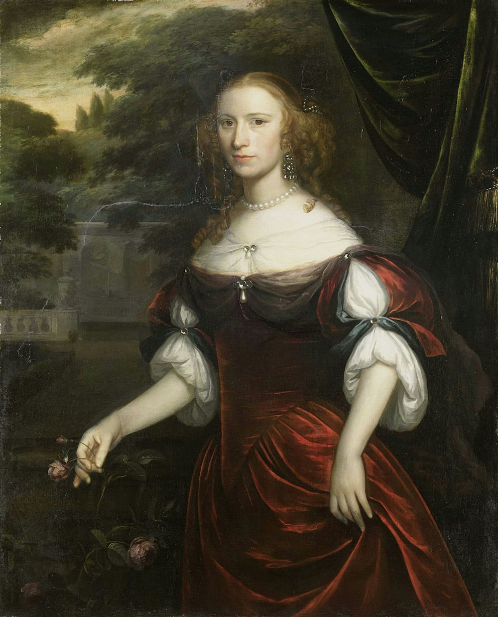 mulher na pintura do vestido vermelho e preto