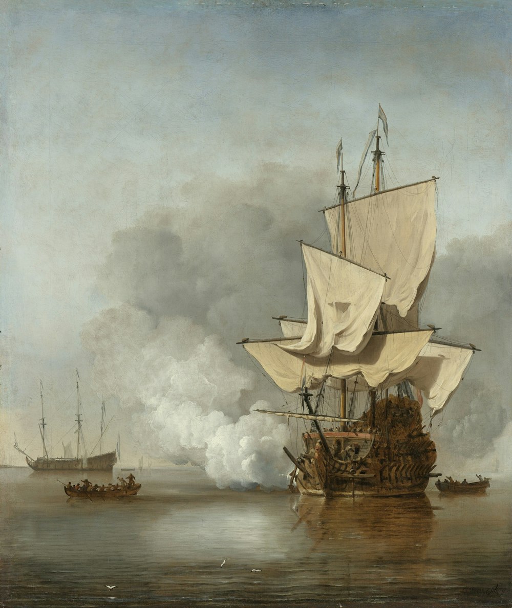 braunes und weißes Segelschiff auf Seemalerei