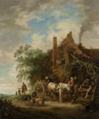 A rural scene depicting a group of people gathered around a rustic house with a thatched roof. A horse-drawn cart is stationed in front, and several individuals are engaged in leisurely activities. A couple of dogs are nearby, and a rooster is pecking at the ground. Smoke rises from the chimney, suggesting warmth and comfort indoors. The sky is partly cloudy, creating a serene and pastoral setting.